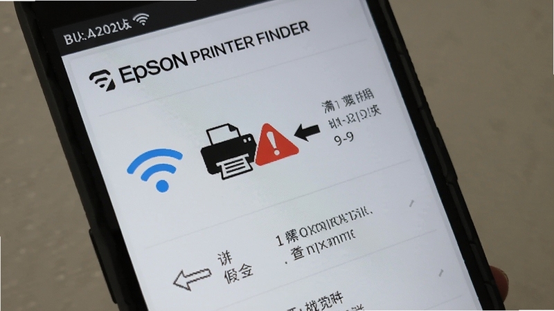 手机屏幕显示Epson Printer Finder的故障排查页面,画面中有WiFi图标、打印机图标和感叹号提示,旁边有箭头指向解决方案文字,整体风格简洁清晰,背景为浅灰色,适配Boogu模型生成