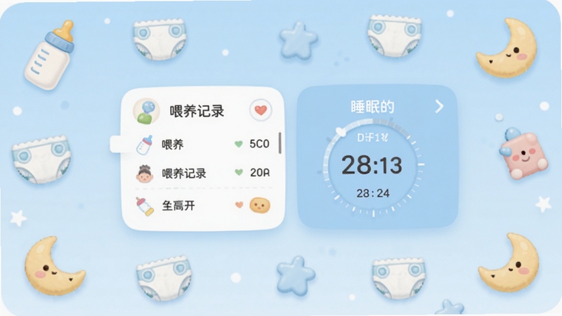 宝宝生活记录软件界面全貌展示,主屏幕中央显示喂养记录卡片和睡眠计时器,背景区域为柔和的淡蓝色渐变,周围环绕奶瓶、纸尿裤、小月亮等可爱图标元素,整体风格温馨简洁,适配手机屏幕比例。