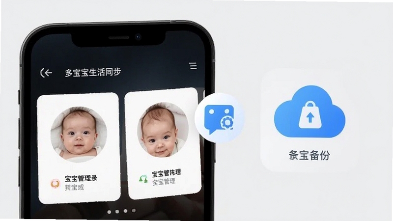 宝宝生活记录多宝宝管理界面,画面主体为手机屏幕显示两个宝宝头像档案卡片,背景区域为浅灰色极简风格,突出数据同步图标和云端备份标识。