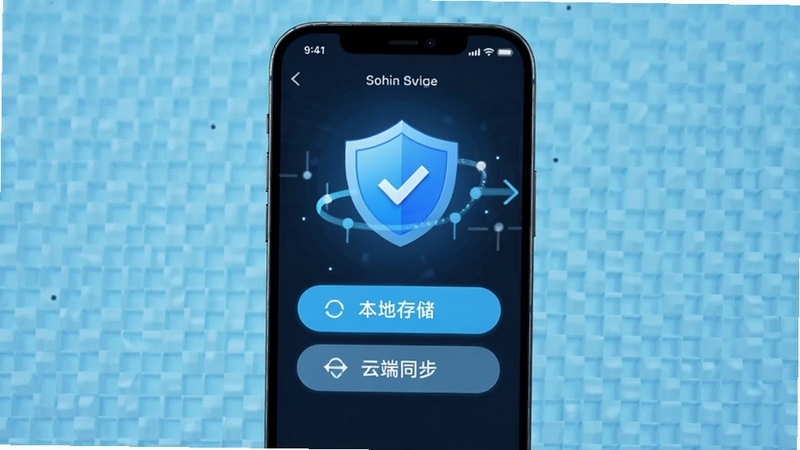 宝宝生活记录数据安全与备份界面,画面主体为手机屏幕显示本地存储和云端同步两个选项按钮,背景区域为科技感浅蓝色网格纹理,突出盾牌安全图标和备份箭头。