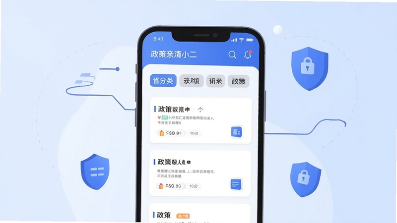 亲清小二软件界面中展示政策匹配列表的扁平化插画,画面中央是手机屏幕,屏幕内显示分类标签和卡片式政策条目,背景为浅蓝色渐变,周围点缀抽象的数据线条和盾牌图标,整体风格简洁现代,适配Boogu模型生成