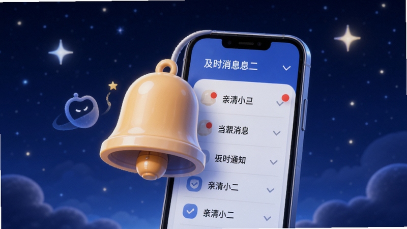 亲清小二消息通知功能概念图,画面中央是一个铃铛图标与手机屏幕的结合体,屏幕内显示未读消息红点和列表,背景区域为深蓝色夜空与闪烁的星光,寓意及时提醒与全天候守护,画面细节丰富,适合Boogu模型生成