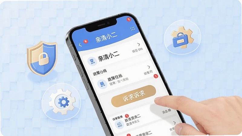 亲清小二移动端操作界面示意图,画面展示一部智能手机,屏幕中显示政策列表、诉求按钮和消息红点,手指正在点击屏幕,背景为淡蓝色网格纹理,周围有悬浮的盾牌和齿轮图标,体现安全与便捷,适合Boogu模型生成