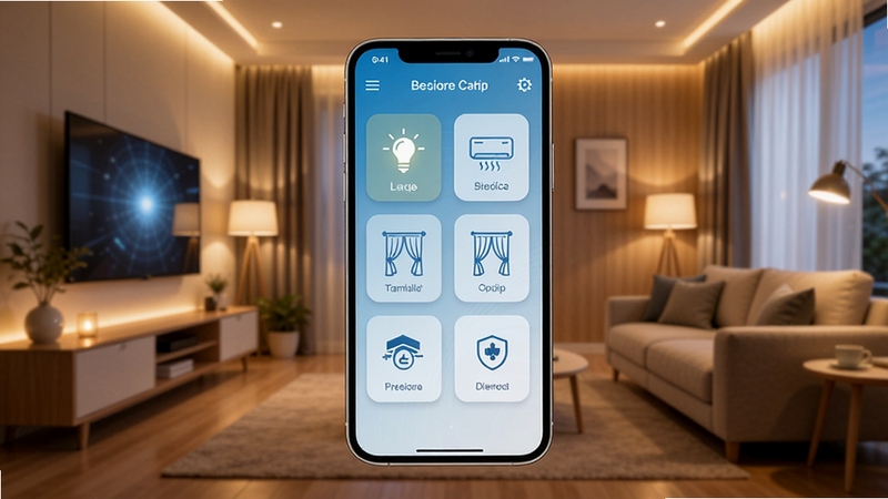 ���ܼҾӹܼ�Ӧ��������ȫ��չʾ����������Ϊ�ֻ���Ļ����Ļ�ڳ����ִ������ܼҾӿ�����壬�����ƹ⡢�յ����������������豸ͼ�꣬��������Ϊ��ܰ�Ŀ���������ůɫ���ƹ⣬��Լ�Ƽ���񣬸���ϸ�ڣ��ʺ���������վչʾ