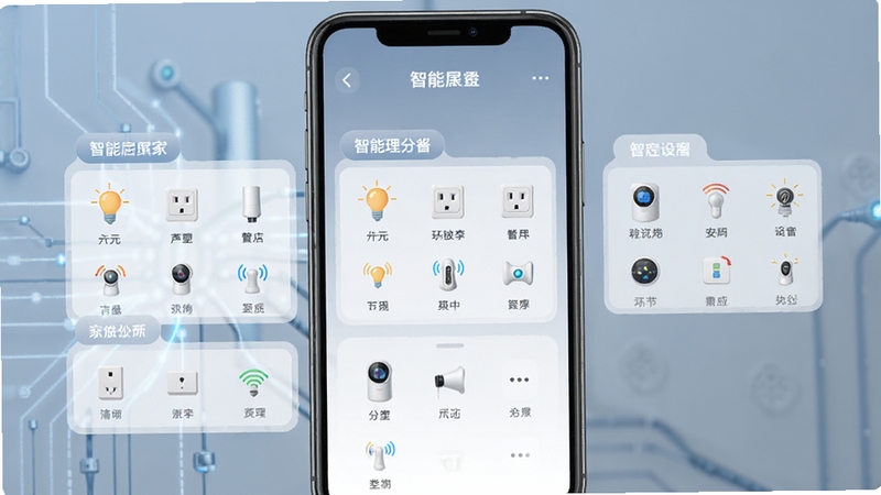 ���ܼҾӹܼ��豸�������棬�ֻ���Ļ��չʾ�����������ǩ��ÿ�������������ŵƹ⡢���������������豸ͼ�꣬�����������򣬱���Ϊ��͵����ҽ��䣬ͻ���Ƽ����������