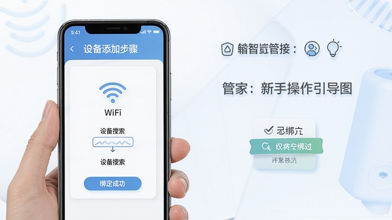 ���ܼҾӹܼ����ֲ�������ͼ������չʾ�ֻ���Ļ�ϵ��豸���Ӳ��裬����WiFi���ӡ��豸�������󶨳ɹ��Ƚ���Ԫ�أ�����Ϊ���İ�ɫ��ǳ����ɫ���ʺϽ̳���ͼʹ��