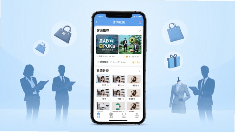 微商源头软件主界面全貌展示,画面中央为手机屏幕显示应用首页,包含客源推荐与货源分类两大核心板块,背景为简洁的浅蓝色渐变商务风格,周围点缀人物剪影与商品图标元素,整体色调清新专业,适配Boogu模型生成