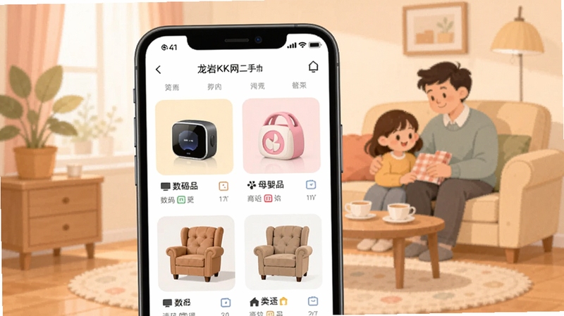 ����KK�������г����׽��棬�ֻ���Ļչʾ������Ʒ�б��������Ҿߡ����롢ĸӤ��Ʒ�ȷ���ͼ�����Ʒ����ͼ������Ϊ��ܰ��ͥ������ɫ����ͣ���ƽ����Ʒ��