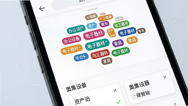 奥集能分类标签管理界面特写,画面中心为手机屏幕展示彩色标签云与资产卡片列表,标签包含办公设备、电子器材、家具等字样,背景为柔和浅灰,突出分类管理功能
