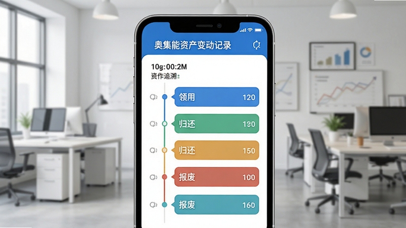 奥集能资产变动记录页面展示,手机屏幕显示时间轴形式的操作日志,包含领用、归还、报废等条目,背景为简约办公环境,画面清晰体现记录追溯功能