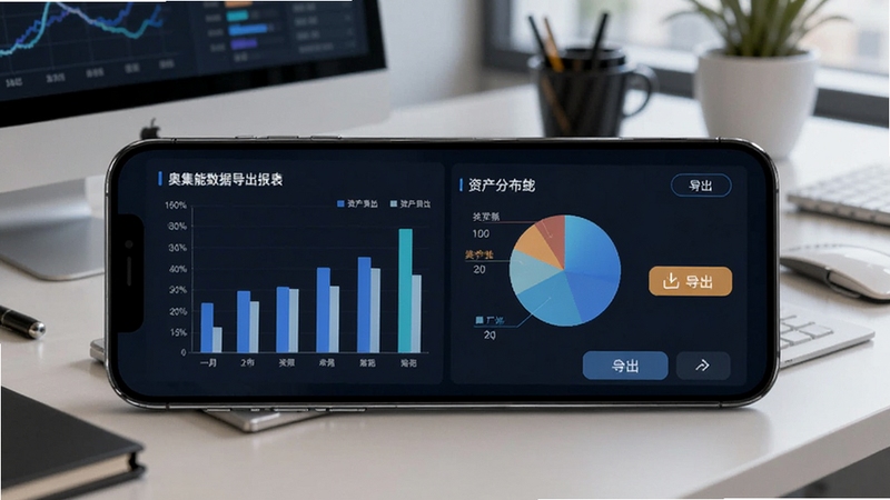 奥集能数据导出与报表功能界面,手机屏幕展示柱状图与饼图统计资产分布,旁边有导出按钮,背景为现代办公桌,突出数据分析与报表生成能力