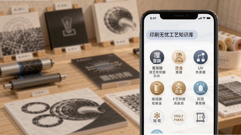 印刷无忧工艺知识库页面展示,画面主体为手机屏幕显示覆膜、烫金、UV等工艺图标与说明文字,背景为印刷品实物样品陈列,光线柔和,突出知识查阅的便捷性,适配Boogu模型生成