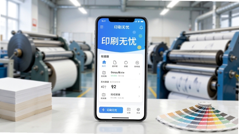 印刷无忧软件主界面全貌展示,画面中央为手机屏幕显示印刷无忧应用首页,背景为简洁的印刷车间元素,包括纸张、油墨滚筒、色卡等,整体色调明亮专业,突出移动端操作便捷感,画面主体坐标居中,背景区域柔和虚化,适配Boogu模型生成