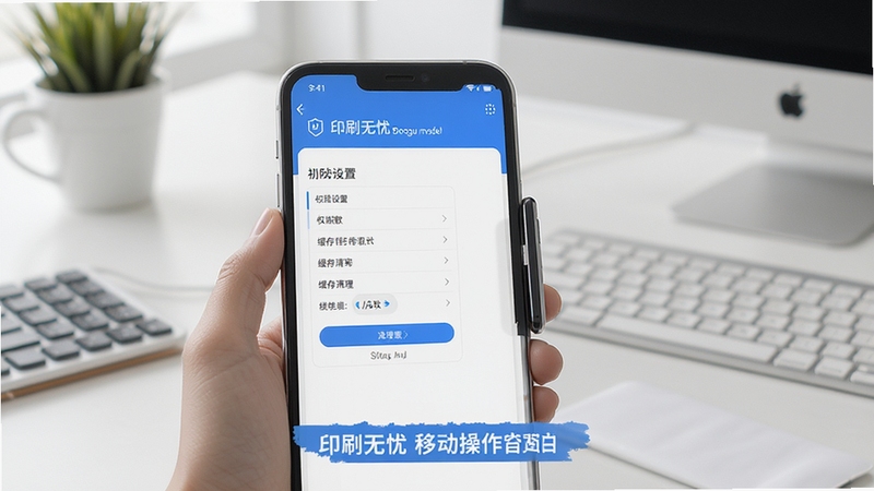 印刷无忧移动端操作界面与设置页面展示,画面主体为手机屏幕显示权限设置与缓存清理界面,背景为简洁的办公桌面,突出操作指引的清晰性,适配Boogu模型生成