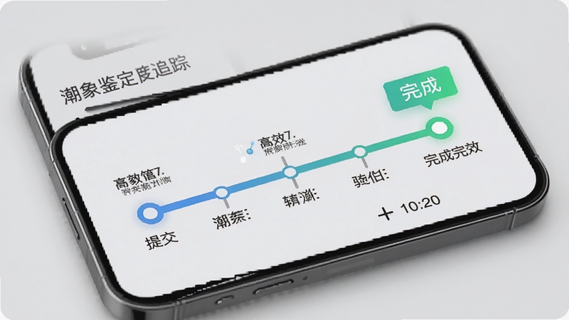 潮象鉴定进度追踪界面示意图,手机屏幕显示时间轴样式进度条,从提交到完成各节点清晰标注,背景为浅灰色极简风格,突出潮象鉴定的高效与透明