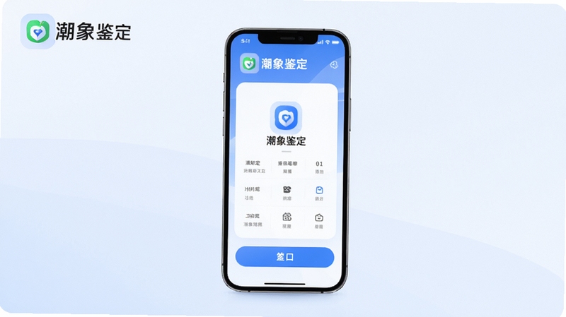 潮象鉴定软件主界面全貌展示,画面中央为手机屏幕内呈现的鉴定功能模块,背景区域为干净的浅色渐变,突出潮象鉴定品牌标识与核心鉴定入口,整体风格简约现代科技感