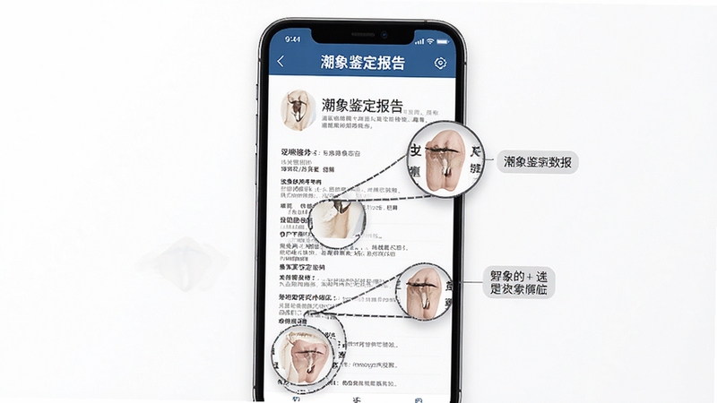 潮象鉴定报告页面展示图,手机屏幕呈现图文并茂的鉴定报告,关键部位有放大标注与文字说明,背景为白色简洁风格,突出潮象鉴定报告的专业性与可读性