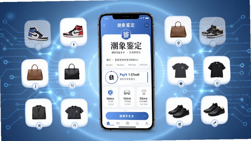 潮象鉴定多品类在线鉴定功能展示图,画面中一部智能手机屏幕显示球鞋、箱包、服饰等商品图标环绕在潮象鉴定界面周围,背景为柔和的蓝色科技光晕,体现多品类覆盖与专业鉴定氛围
