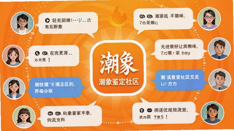 潮象鉴定社区交流界面示意图,画面中多个用户头像与对话气泡围绕潮象鉴定社区图标,背景为温暖的橙色渐变,体现活跃的交流氛围与互助精神