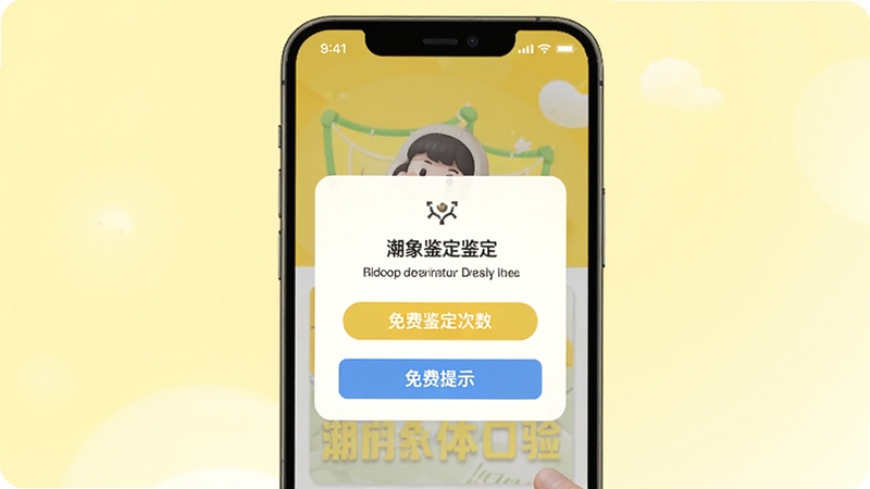 潮象鉴定新用户免费体验界面示意图,手机屏幕显示欢迎弹窗与免费鉴定次数提示,背景为明亮的浅黄色渐变,突出潮象鉴定对新用户的友好欢迎氛围