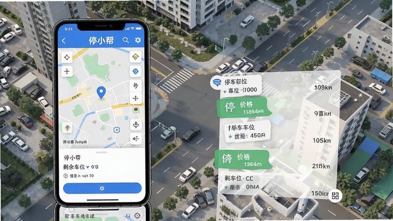 停小帮附近停车场智能查询界面展示,手机屏幕中显示地图定位与周边停车场列表,标注剩余车位和价格信息,背景为城市街道俯瞰图,画面简洁明亮,突出软件名称停小帮