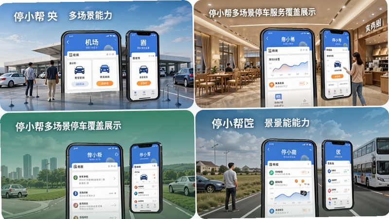 停小帮多场景停车服务覆盖展示,画面分为机场、商圈、医院、景区四个区域,每个区域展示对应的停车服务界面,整体风格统一,突出停小帮软件名称与多场景服务能力