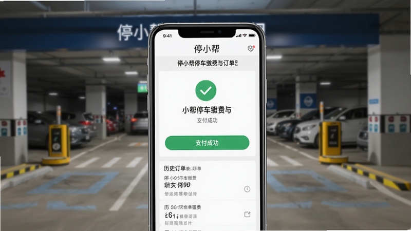 停小帮停车缴费与订单管理界面,手机屏幕展示支付成功页面与历史订单列表,背景为停车场出口场景,画面清晰整洁,突出停小帮软件名称与在线缴费功能