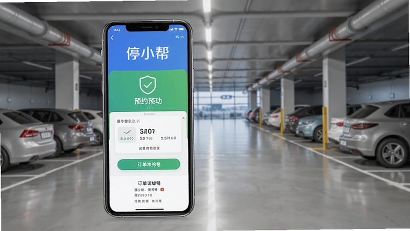 停小帮车位在线预约功能界面,手机显示预约成功页面与订单详情,背景为机场停车场场景,画面现代简洁,突出停小帮软件名称与预约锁定功能