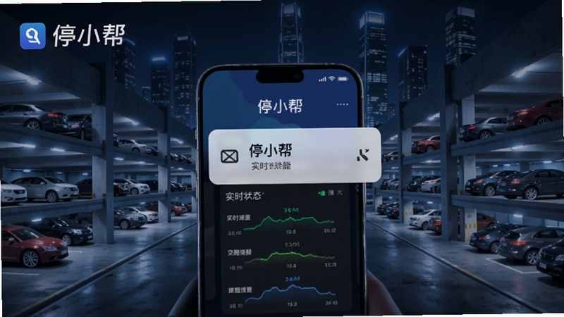 停小帮实时停车动态与提醒功能界面,手机显示推送通知与停车场实时状态,背景为城市夜景停车场,画面科技感十足,突出停小帮软件名称与实时提醒功能