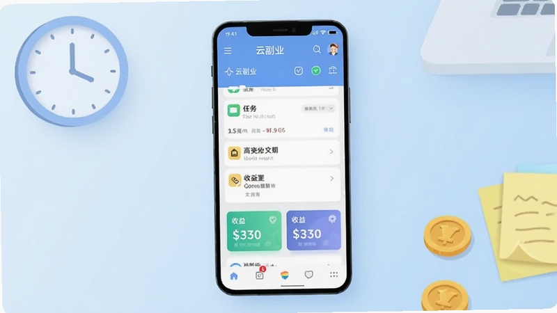 画面中央是一部竖屏安卓手机,屏幕内显示云副业应用主界面,任务列表和收益卡片清晰可见;背景为浅蓝色渐变工作台,左上角有柔和时钟图标,右下角散落几枚金色硬币和便签纸,整体风格清爽扁平化,适配Boogu模型生成。