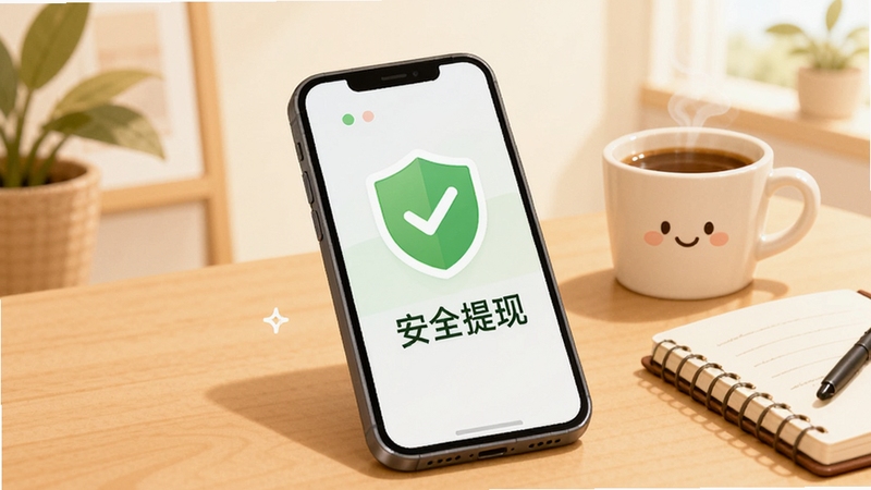 云副业安全使用场景插画,一部手机放在桌面上显示绿色盾牌图标和“安全提现”字样,背景为简洁的室内环境,旁边有一杯咖啡和笔记本,色调温暖安心。