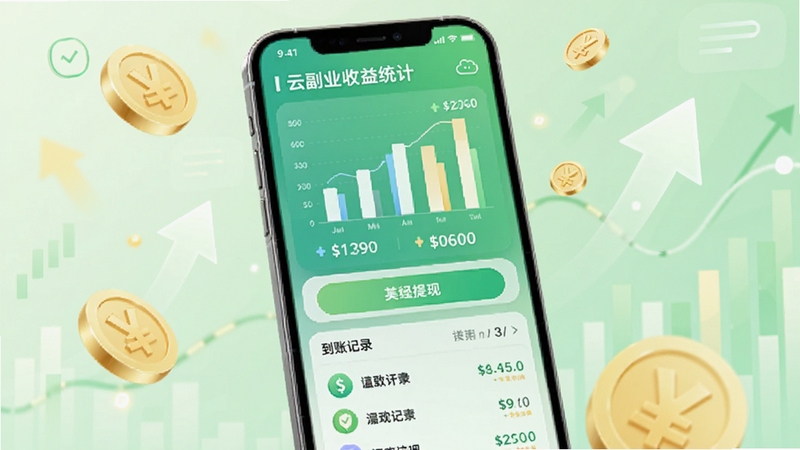 云副业收益统计界面,手机屏幕显示柱状图和数字金额,下方有提现按钮和到账记录列表,背景为淡绿色金融风格,周围漂浮着半透明的金币和上升箭头,画面明亮积极。