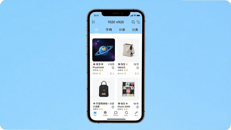 轻宇宙购物商城APP界面展示,手机屏幕居中摆放,屏幕内显示商品列表和分类导航,背景为浅蓝色渐变,画面简洁明亮,分辨率1080x1920,适合移动端应用商店展示