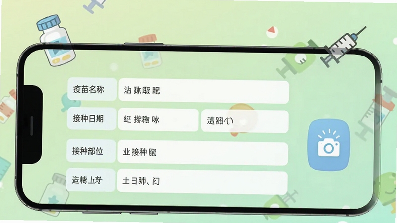 宝宝疫苗记录APP接种记录录入界面,手机屏幕显示疫苗信息填写表单,包括疫苗名称、接种日期、接种部位等字段,旁边有拍照上传按钮,背景为淡绿色渐变,画面中有卡通疫苗瓶和注射器图标,风格简洁明快