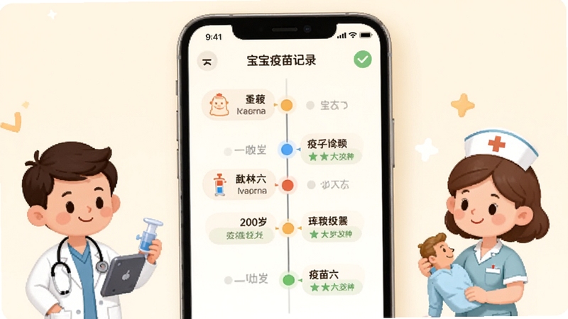 宝宝疫苗记录APP疫苗接种计划时间轴界面,画面主体为手机屏幕显示从出生到六岁的疫苗接种时间线,每个节点标注疫苗名称和接种状态,背景为柔和的米白色,屏幕周围有卡通医生和护士形象点缀,整体风格温馨专业