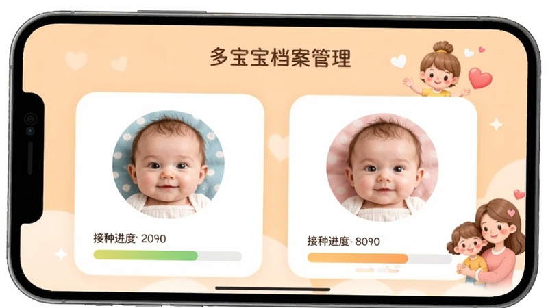 宝宝疫苗记录APP多宝宝档案管理界面,手机屏幕上显示两个宝宝的头像卡片,每个卡片下方显示接种进度条,背景为淡橙色渐变,画面中有卡通家庭形象和爱心元素,风格温馨柔和