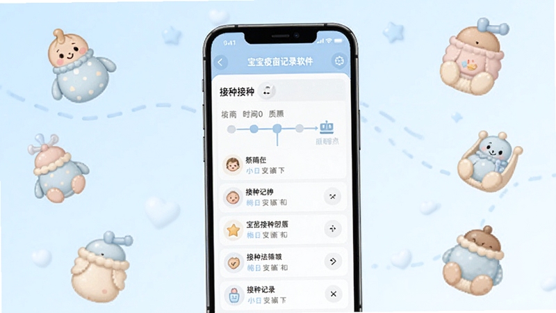 宝宝疫苗记录软件主界面展示,画面中央是一部智能手机,屏幕上显示着疫苗接种时间轴和已接种记录列表,背景是温馨的淡蓝色渐变,周围点缀着卡通风格的婴儿用品图标,整体风格清新柔和,适配Boogu模型生成