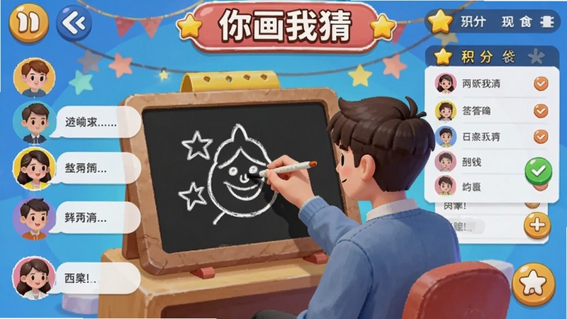 ���������Ϸ�������棬����չʾ���㻭�Ҳ¡���Ϸ�����У�һλ�û����ڻ����ϻ���ͼ���������û�ͨ����Ļ���ʹ𰸣�����ɫ�ʻ��ã����п�ͨ������ϷԪ�غͻ������а�