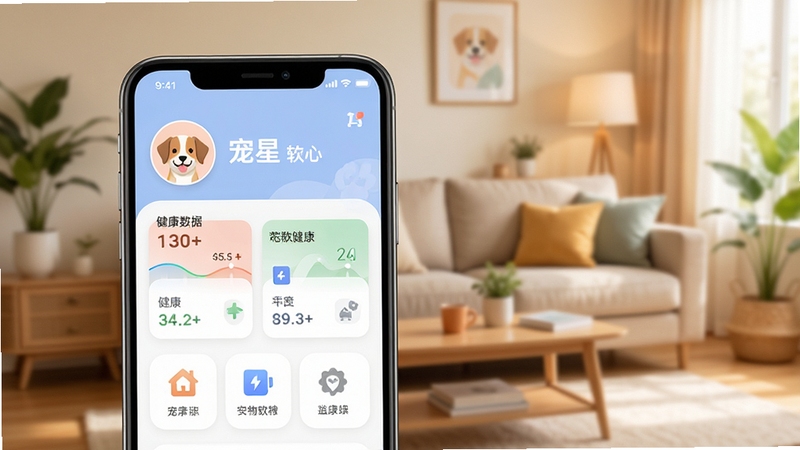 宠星软件主界面展示,手机屏幕中呈现宠物健康管理仪表盘,包含宠物头像、健康数据卡片与功能入口,背景为温馨的居家客厅环境,画面明亮清新,扁平化设计风格,重点突出宠星应用图标与核心功能区域