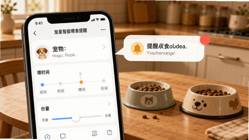 宠星智能喂食提醒功能界面,手机屏幕显示喂食计划设置页,包含宠物名称、喂食时间轴、份量调节滑块,背景为厨房餐桌场景,有猫粮碗与狗狗食盆,暖色调光线,突出提醒通知气泡,画面细节丰富,适合Boogu模型生成