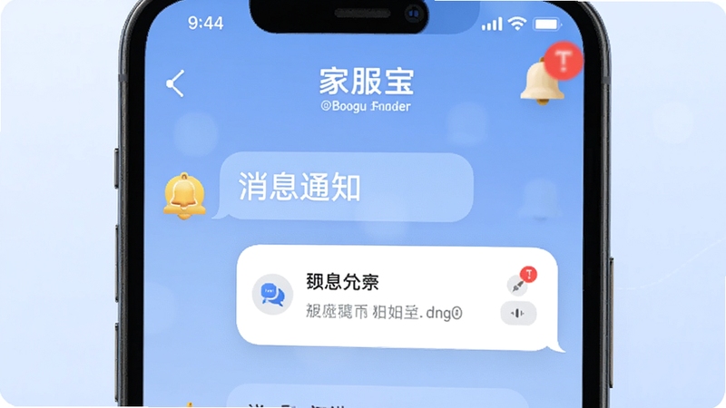 家服宝消息通知界面,手机屏幕显示聊天气泡与通知卡片,画面中有铃铛图标与红色角标,背景为淡蓝色渐变,圆角卡片风格,高清细节,适配Boogu模型生成