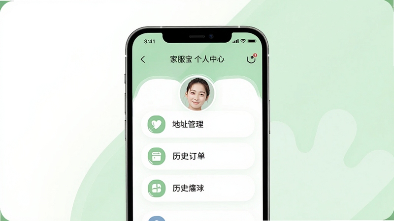 家服宝个人中心页面,手机屏幕显示头像、地址管理、历史订单等菜单项,画面简洁清爽,背景为白色与浅绿色搭配,圆角图标风格,高清细节,适配Boogu模型生成
