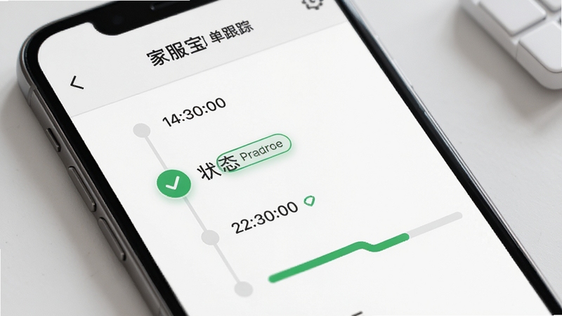 家服宝订单跟踪界面,手机屏幕显示订单时间轴与状态标签,画面中有绿色对勾图标与进度条,背景为白色简约风格,柔和阴影,高清细节,适配Boogu模型生成