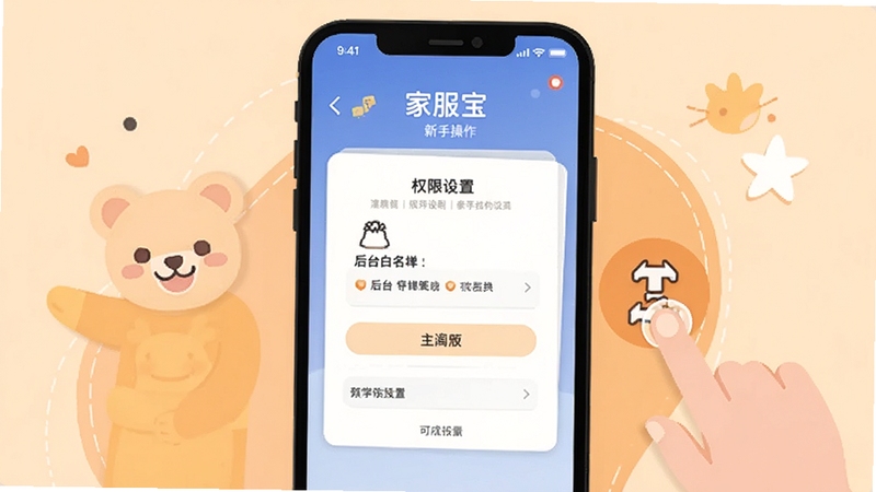 家服宝新手操作指引示意图,画面中手机屏幕显示权限设置页面与后台白名单选项,旁边有手指点击图标,背景为浅橙色温馨风格,扁平化插画风,高清细节,适配Boogu模型生成