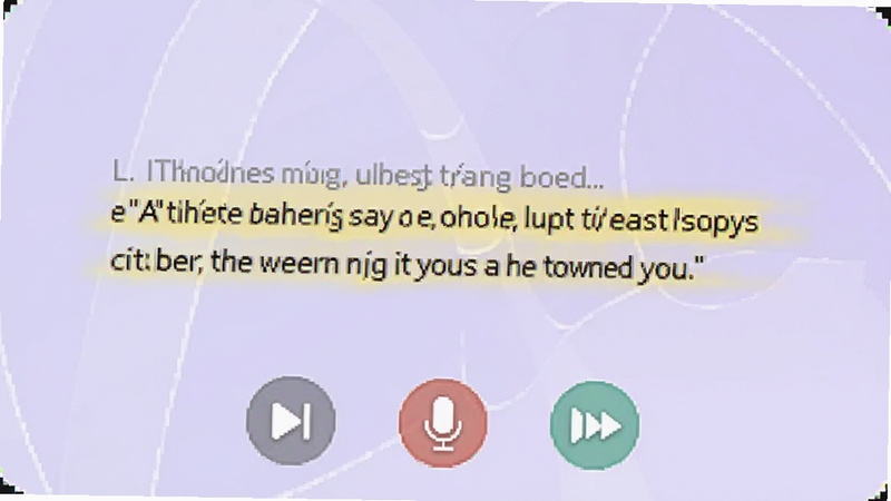 跟我读英语逐句领读界面,画面中央为高亮显示的英文句子,下方有播放、录音、回放三个圆形按钮,背景为淡紫色渐变,适合Boogu模型生成