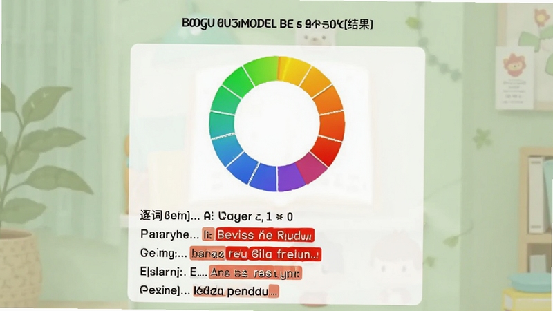 跟我读英语发音评分结果页面,中央显示彩色评分环形图,下方列出逐词评分详情,错误单词用红色高亮标注,背景为柔和的浅绿色学习环境,适合Boogu模型生成