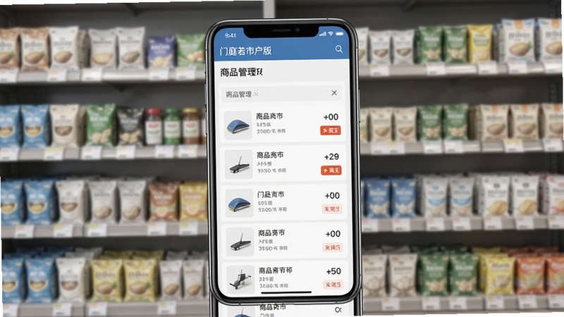 门庭若市商户版商品管理列表界面,手机屏幕展示商品条目与库存预警标识,背景为整洁的零售货架,画面干净有序,突出管理效率