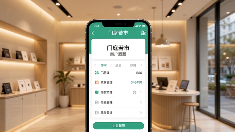 门庭若市商户版应用主界面展示,画面中央为手机屏幕呈现商户收款管理面板,背景为简约现代商铺环境,暖色调灯光,画面清晰明亮,突出门庭若市商户版品牌标识