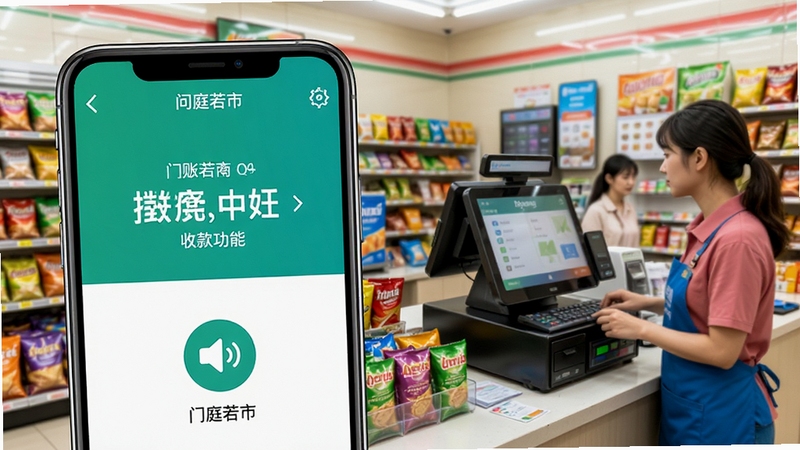 门庭若市商户版收款播报功能界面,手机屏幕显示到账金额与语音播报图标,背景为繁忙的便利店收银台场景,画面细节丰富,色彩鲜明