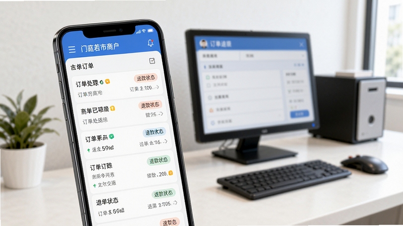 门庭若市商户版退款处理与订单追踪界面,手机屏幕显示订单列表与退款状态标签,背景为客服工作台环境,画面明亮整洁